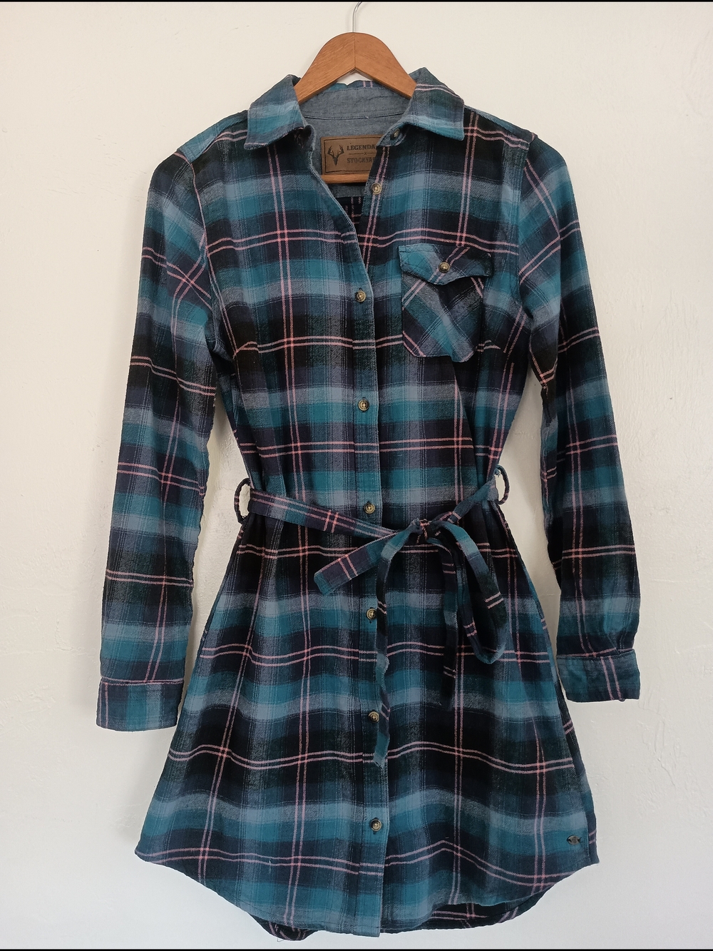 Legendary Stockyards 100% Cotton Teal, Black, Pink Plaid Long-Sleeve Shirt Dress